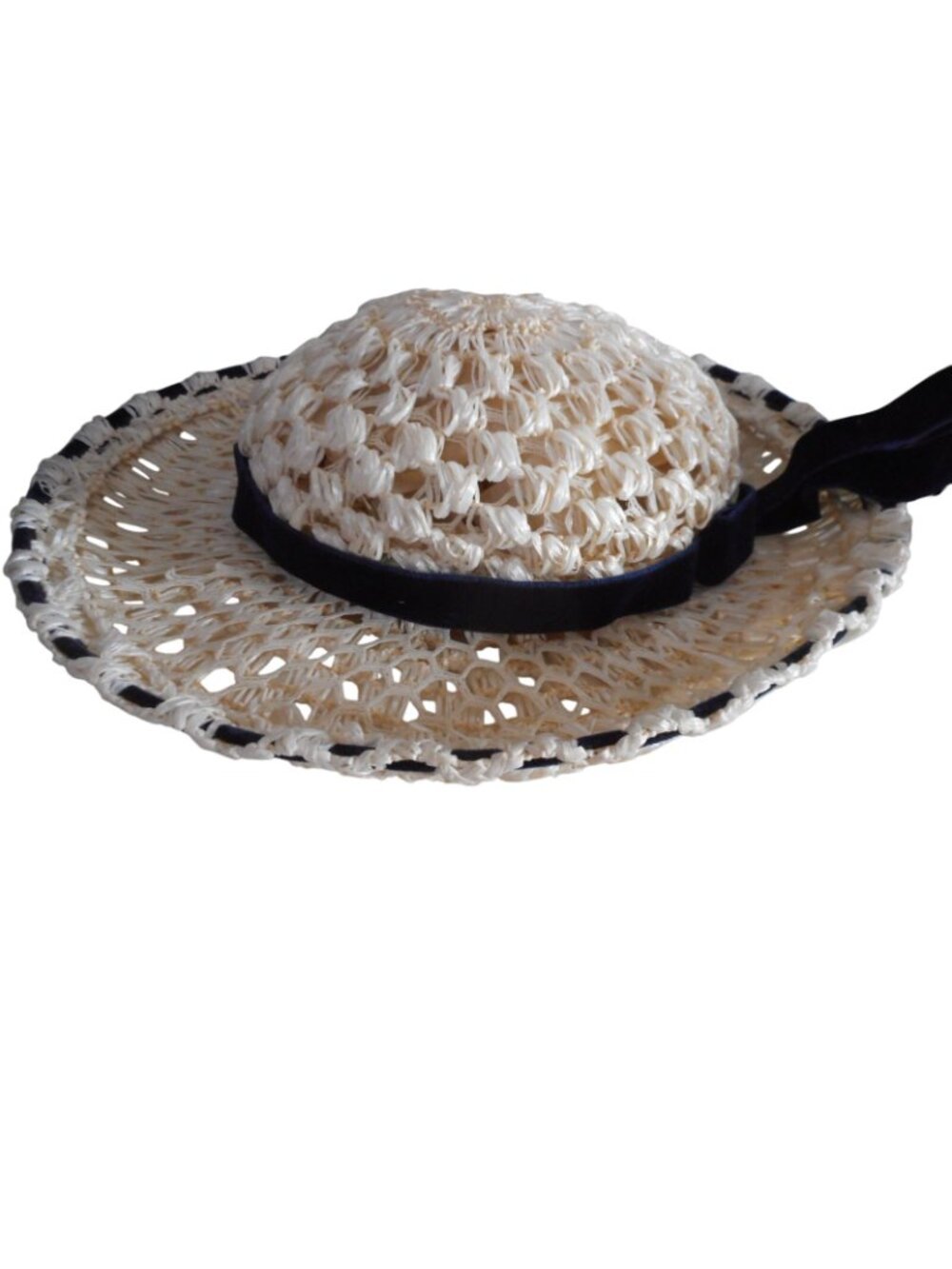 Vintage Estate cream woven raffia straw wide brim hat navy velvet ribbon trim - Picture 2 of 5